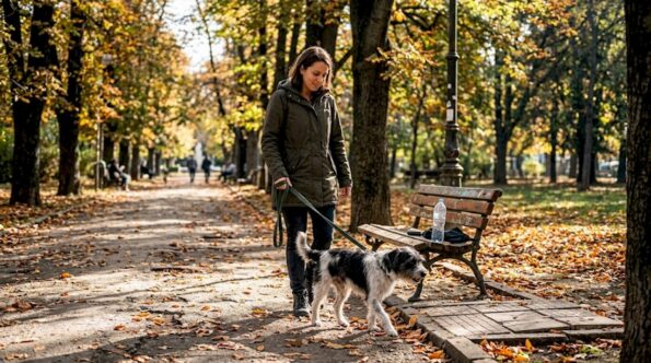 В парка жена изведе кучето си на каишка и се разходиха заедно.