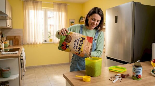 Жена подрежда храната за домашния си любимец в кухненски кутии, за да я запази свежа и добре организирана.